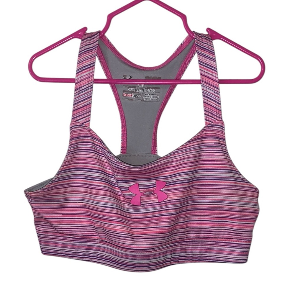 Under Armour Heat Gear Pink and Gray Striped Sports Bra Fitted Youth Medium